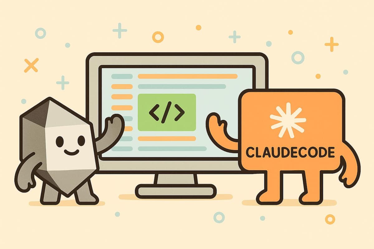 Minimal cartoon showing two friendly tool characters (representing Cursor and Claude Code) working together harmoniously on a computer screen, with complementary colors and simple shapes