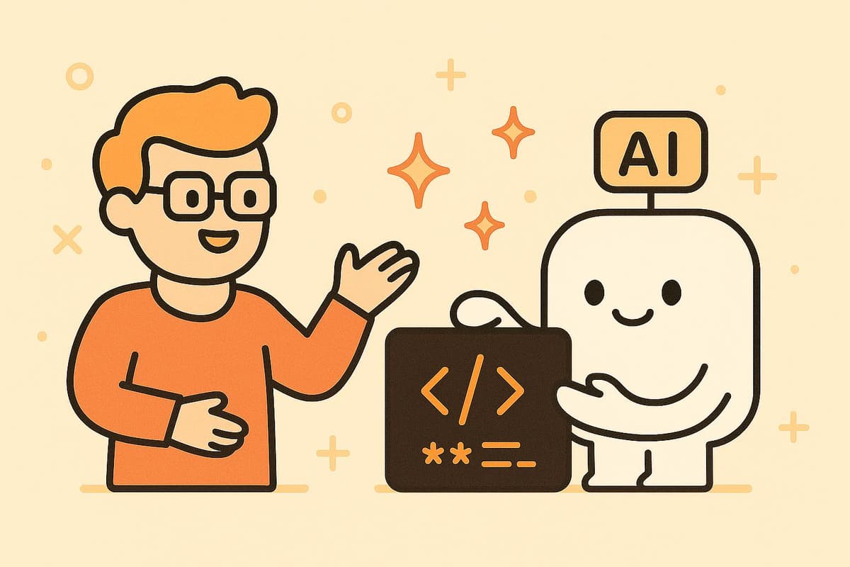 Minimal cartoon showing a developer and AI as collaborative partners, with the developer directing and the AI creating code together, using warm and inspiring colors with simple, friendly characters