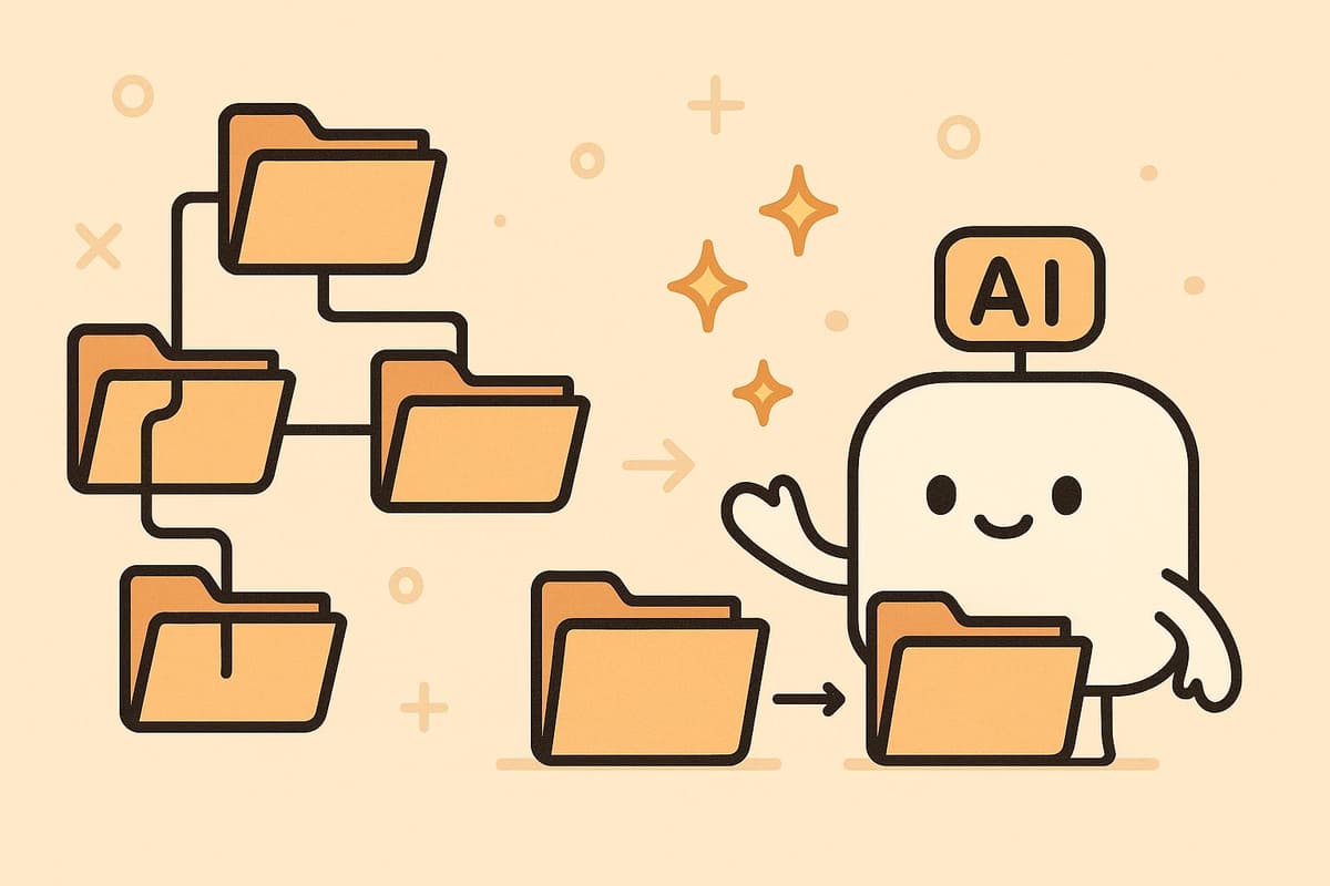 Minimal cartoon showing a complex folder structure being magically organized and understood by a cute AI character, with sparkles and simple geometric shapes, warm colors