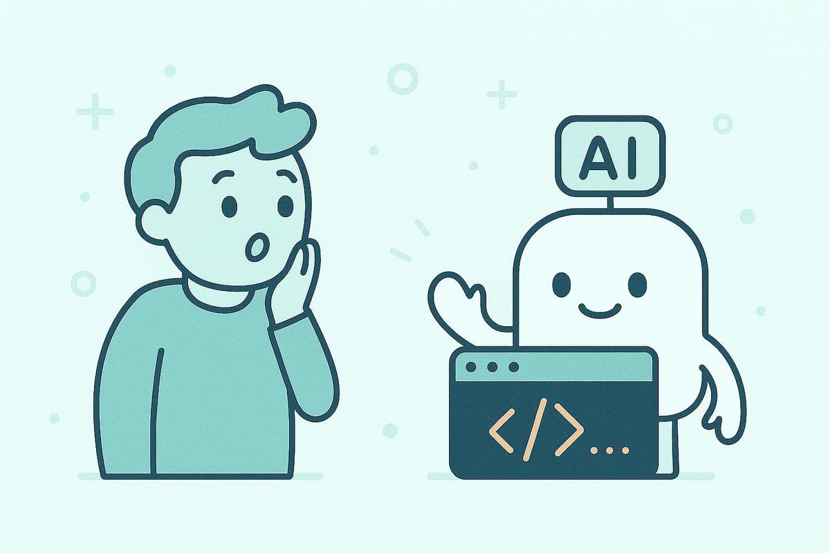 Minimal cartoon style illustration showing a developer looking surprised and delighted at a friendly AI assistant emerging from a terminal window, with soft pastel colors and simple lines